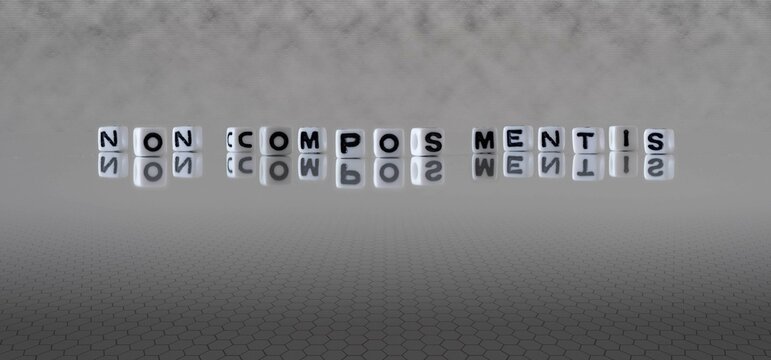 non compos mentis word or concept represented by black and white letter cubes on a grey horizon background stretching to infinity