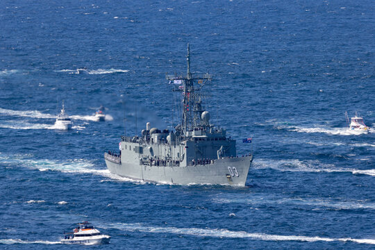 Sydney, Australia - October 4, 2013: HMAS Sydney (FFG 03) Adelaide-class guided-missile frigate of the Royal Australian Navy.