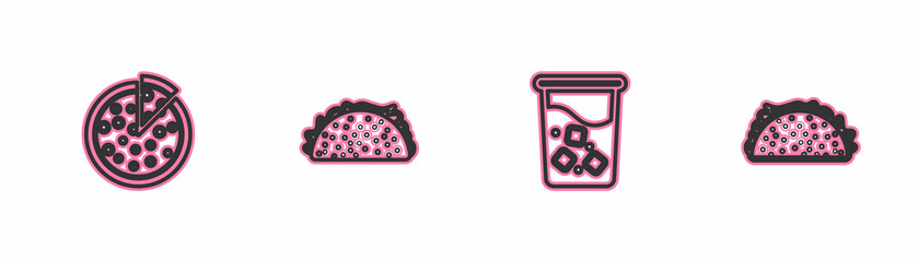 Set line Pizza, Glass with water, Taco tortilla and icon. Vector