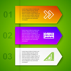 Set line Arrow, Measuring height and length, Triangular ruler and Roulette construction. Business infographic template. Vector