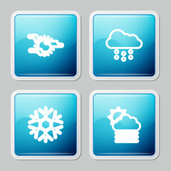 Set line Fog and sun, Cloud with snow, Snowflake and cloud icon. Vector