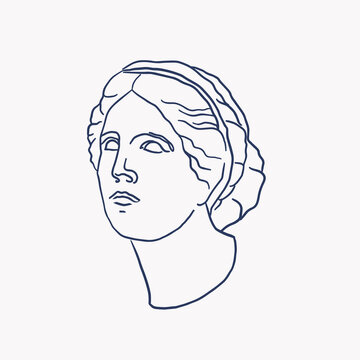 Antique head of Venus in a linear style. Ancient Greek goddess for fashion design, posters, shopping bags, books. Vector illustration of classical marble sculpture on an isolated background.