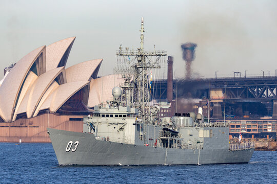 Sydney, Australia - October 5, 2013: HMAS Sydney (FFG 03) Adelaide-class guided-missile frigate of the Royal Australian Navy in Sydney Harbor.