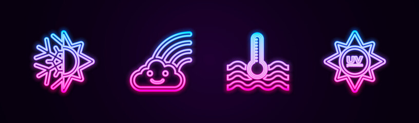 Set line Sun and snowflake, Rainbow with cloud, Water thermometer and UV protection. Glowing neon icon. Vector