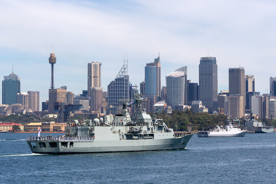 Sydney, Australia - October 5, 2013: HMAS Parramatta (FFH 154) Anzac-class frigate of the Royal Australian Navy in Sydney Harbor.