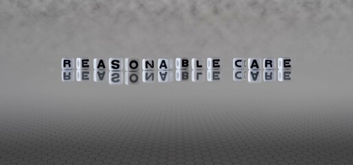 reasonable care word or concept represented by black and white letter cubes on a grey horizon...