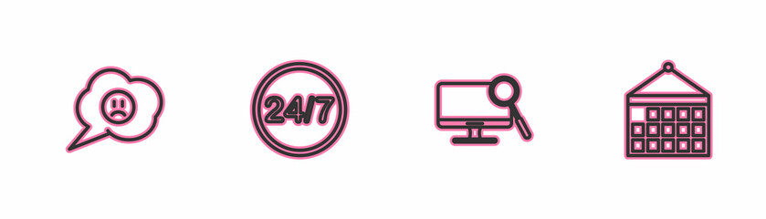 Set line Speech bubble with sad smile, Computer monitor diagnostics, Clock 24 hours and Calendar icon. Vector