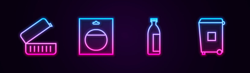 Set line Lunch box, Battery in pack, Lotion cosmetic tube and Trash can. Glowing neon icon. Vector
