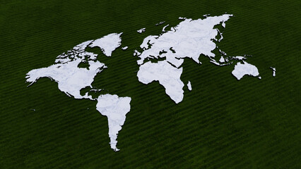 Map world white on grass background. 3D rendering
