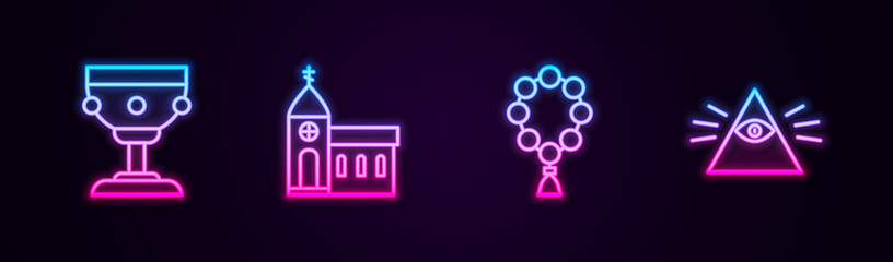 Set line Christian chalice, Church building, Rosary beads religion and Masons. Glowing neon icon. Vector