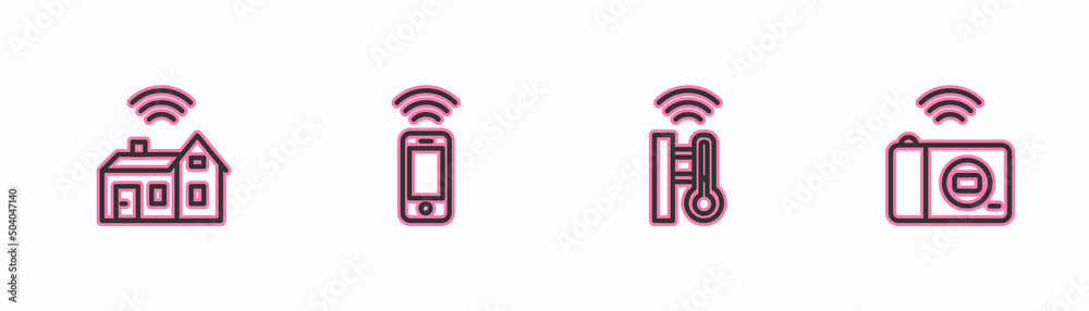 Sticker Set line Smart home with wireless, thermometer, Wireless smartphone and photo camera icon. Vector