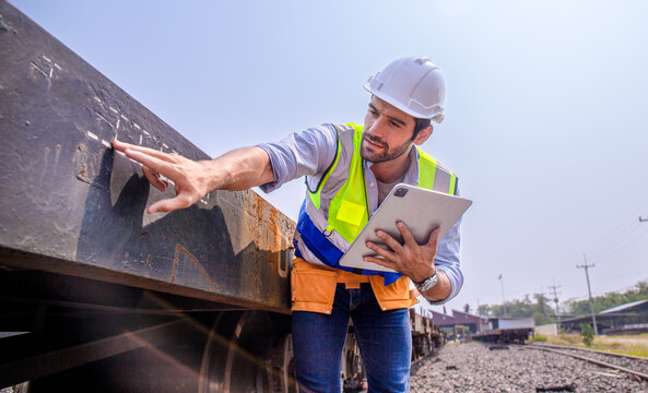 Portrait handsome Middle Eastern American engineer inspecting quality checklist on tablet.
Confidence Mechanics rail transport commanding team of technicians.PPE Hardhat ,vest wearing safety first.