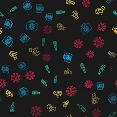 Set line Corona virus on location, Medical thermometer, Washing hands with soap and Virus on seamless pattern. Vector