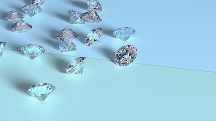 Shiny Diamonds on sky blue-green surface background. Concept image of luxury living, expensive things and high added value. 3D CG. High resolution.