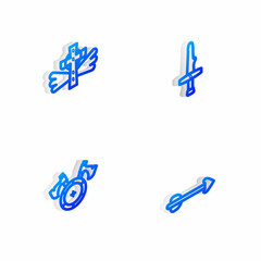 Set Isometric line Dagger, Christian cross, Medieval shield with axe and Arrow icon. Vector