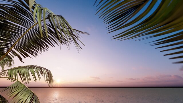 Beach sunset scene, summer background. 3D rendering