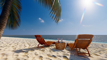 Obraz na płótnie Canvas Beautiful tropical beach and sea with 2 chair relax on blue sky. 3D rendering
