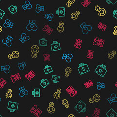 Obraz premium Set line Football or soccer player, First aid kit, Soccer football and Fan club on seamless pattern. Vector
