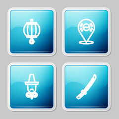 Set line Korean lantern, Location South, hat and Katana icon. Vector