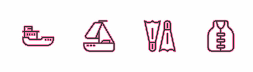 Set line Cargo ship, Flippers for swimming, Yacht sailboat and Life jacket icon. Vector