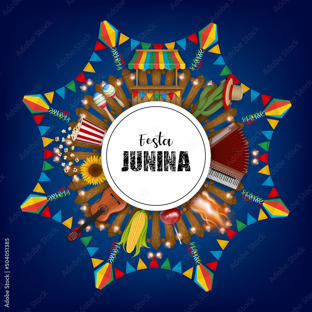 Wall mural festa junina background with colorful pennants, lanterns and brazilian elements. june brazilian fest