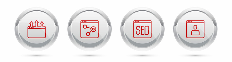 Set line Browser window, SEO optimization and Create account screen. Silver circle button. Vector