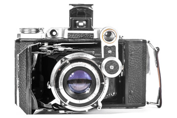 film camera on a white background with an accordion lens isolate