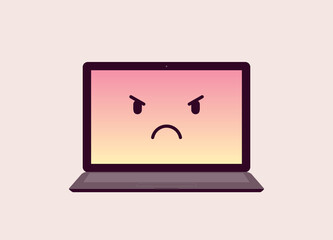 Laptop Screen With Angry Face Emoji. Concept Of Job Dissatisfaction. Isolated, Flat Design, Cartoon.