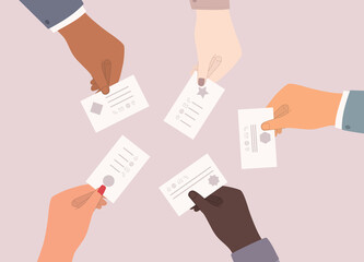 Diverse Group Of Male And Female Business Person’s Hand Exchanging Name Card. Close-Up. Flat Design, Character, Cartoon.