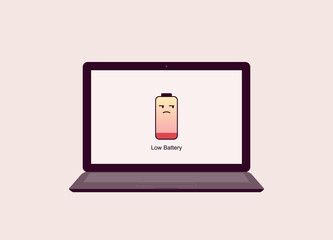 Laptop With Unamused Face Battery Emoji On Monitor Screen. Concept Of Annoying Low Battery Warning. Isolated, Flat Design, Cartoon.