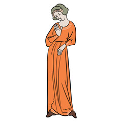 Standing medieval Gothic woman in long dress. Isolated vector illustration. Illuminated manuscript motif. - obrazy, fototapety, plakaty