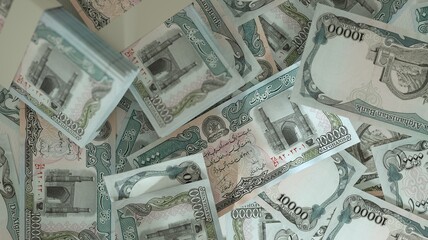 3D rendering of 10000 Afghan afghani notes spread on surface