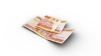 3D rendering of Double 1000 Afghan Afghani notes with shadows on white background