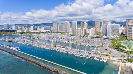 Aerial view of boats docked in Ala Wai Harbor at Waikiki Beach in Honolulu on Oahu, Hawaii