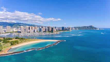 Aerial view Magic Island with Waikiki Beach and Diamond Head Crater in the background in Honolulu...