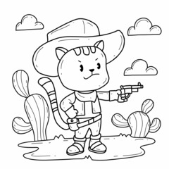 cartoon cat cowboy coloring book alphabet. Isolated on white background.