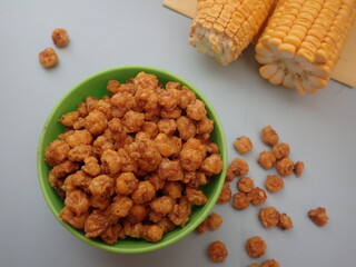 Homemde Jagung marning (Indonesia) or Corn nuts, also known as toasted corn, quico, or Cracker are a snack food made of roasted or deep-fried corn kernels.