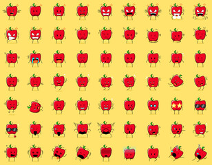 Set of cute red apple character expressions. angry expression, thinking, crying, sad, confused, flat, happy, scared, shocked, dizzy, hopeless, sleeping. suitable for emoticon and mascot