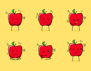 Set of cute red apple character with thinking expressions. suitable for emoticon, logo, symbol and mascot