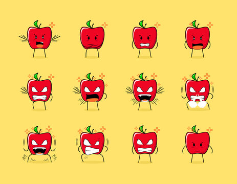 Set of cute red apple character with angry expressions. suitable for emoticon, logo, symbol and mascot