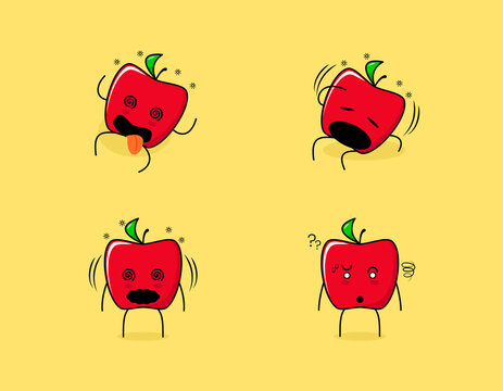 Set of cute red apple character with dizzy expressions. suitable for emoticon, logo, symbol and mascot