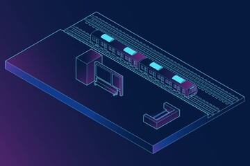 駅に停まる立体的な電車のアイソメトリックイラスト。暗い背景に水色のアウトライン。.