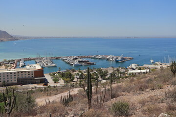 Overhead view of a marina in a bay. Desert vegetation in the foreground