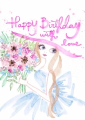 Obraz na płótnie Canvas Happy Birthday Handpainted watercolor frame with blooming flowers　and girl illustration