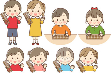 そろばんの習い事をする子供達のセット