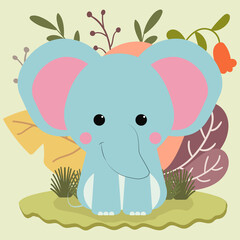 cute baby elephant on leaves background illustration