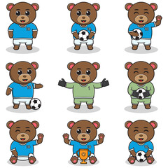 Vector illustration of Bear characters playing soccer. Cute Bear mascot playing football. Vector illustration bundle.