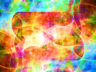 Imagen de arte fantástico digital compuesto de velos translúcidos en colores suaves formando lo que aparenta ser la fusión de sistemas galácticos caóticos. © Pedroml