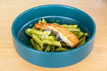 pesto penne pasta with grilled salmon