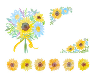 水彩画。水彩タッチのひまわりベクターイラストフレーム。ひまわりと草木の装飾フレーム。Watercolor. Sunflower vector illustration frame with watercolor touch. Decorative frame with sunflowers and plants.